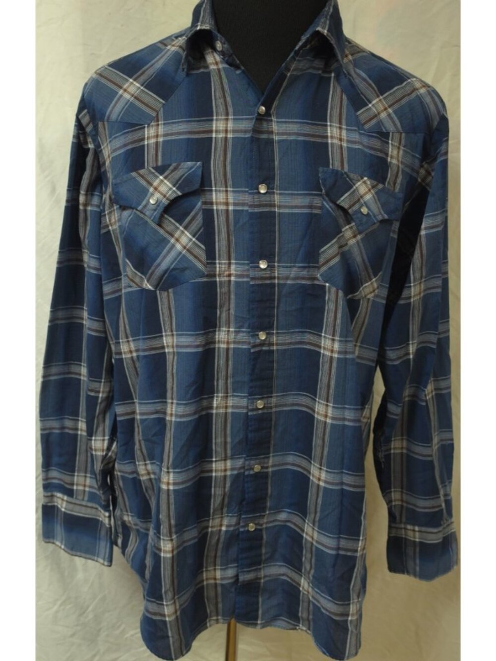 Vtg ELY Cattleman Mens LT Blue Pearl Snap Long Sleeve Western Cowboy Shirt